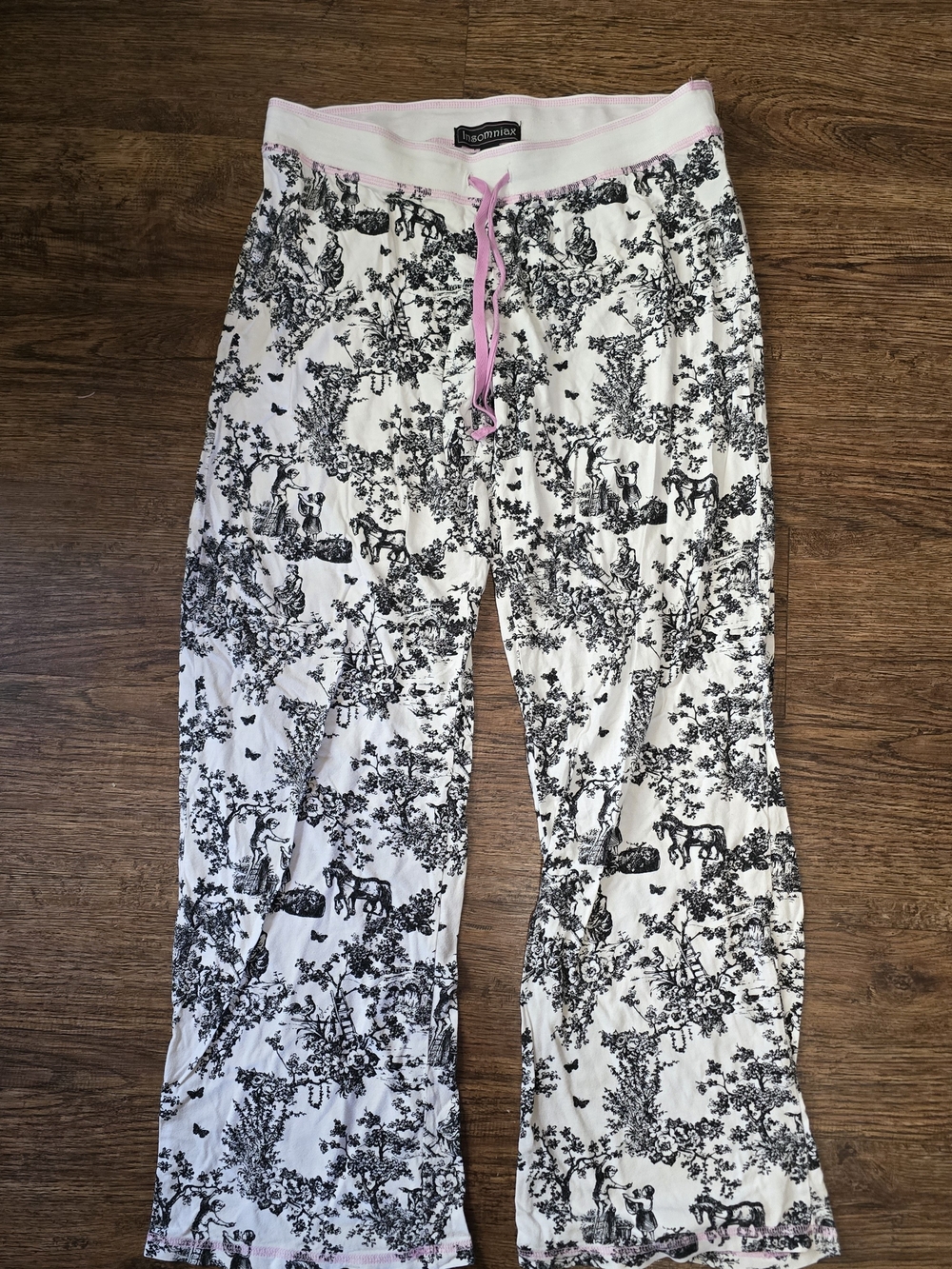 Insomniax Women's Black & White Toile Pajama Pants with Pink Drawstring